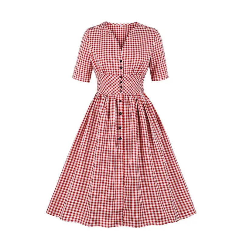 

Summer Vintage Elegant Plus Size Party Sweet Women Rockabilly Dresses Plaid Button 2019 Retro Chic Female Office Ladies Dress