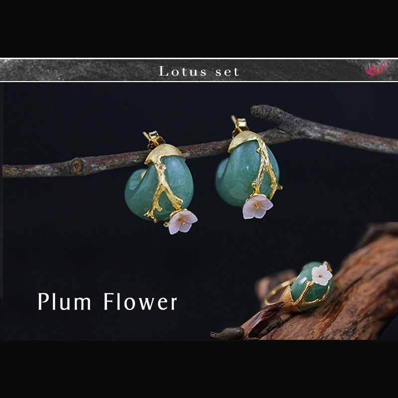 Lotus Fun Real 925 Sterling Silver Natural Stone Creative Handmade Fine Jewelry Plum Flower Jewelry Set with Ring Stud Earring