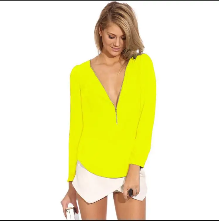 

New women's spring and summer V-neck long-sleeved zipper chiffon shirt women's shirt large size