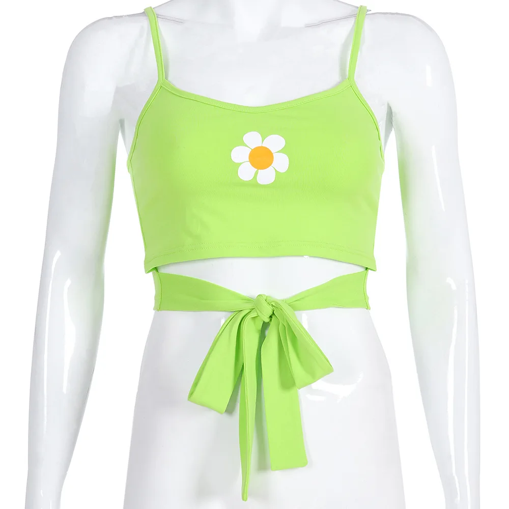 ArtSu неоновый зеленый топ летний цветочный принт на шнуровке Camis без рукавов сексуальный укороченный Топ Cami милые повседневные топы Mujer мода ASVE20535