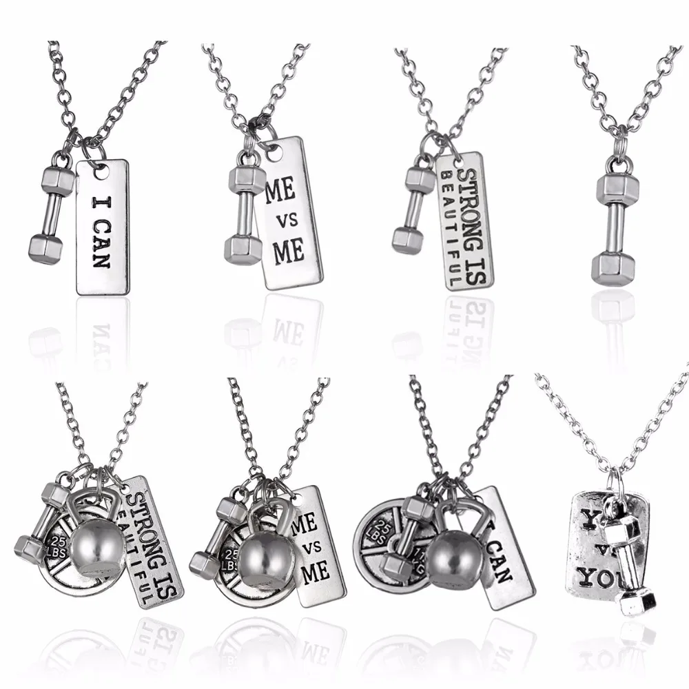 

Punk Hip Hop Men Women Bodybuilding Fitness Gym Pendant Jewelry Silver Sport Kettlebell Barbell Dumbbell DIY Friendship Necklace