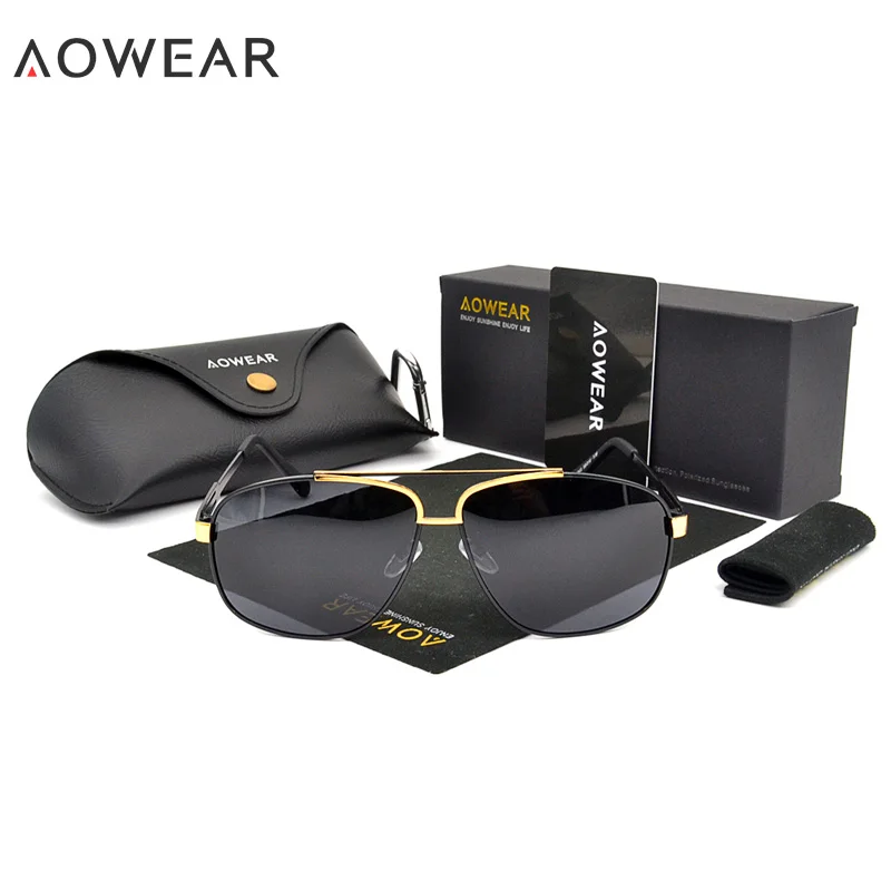 AOWEAR, роскошные брендовые Модные солнцезащитные очки, мужские поляризационные очки, авиационные солнцезащитные очки для мужчин, для вождения, мужские очки с футляром, чехол Oculos