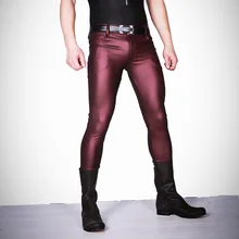 Imitation Leather Pants Men Stretch Tight Leg Pant Casual Leather Pants Stage Stylish Men Red Cool Bright Thin Matte Light