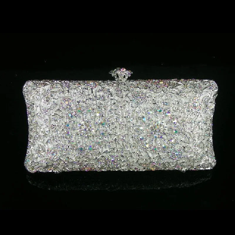 

2011 WhiteAB Crystal Floral Flower Silver Fashion Bridal Party hollow Metal Evening purse handbag box clutch bag case
