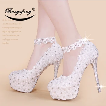 

White Flower Ankle Strap Silver Crystal Wedding shoes Woman High heel Platform shoes Ladies Pumps rhinestone Heel