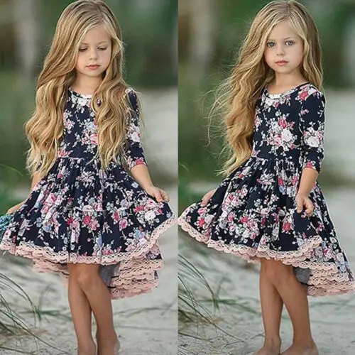 

Summer Sweet Todlers Kids Baby Girl Casual Flower Rose Print Dress Lace Princess Party Gown Pageant Asymmetrical Blue Dress 1-6Y