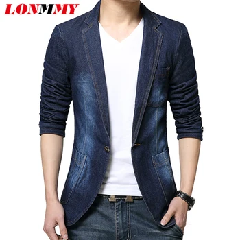 LONMMY Denim blazer men blazer jeans slim fit Cowboy coats Leisure mens suit jean jacket Men casual coat Single button New 2019 wrangler men s tall george strait cowboy cut slim fit jean