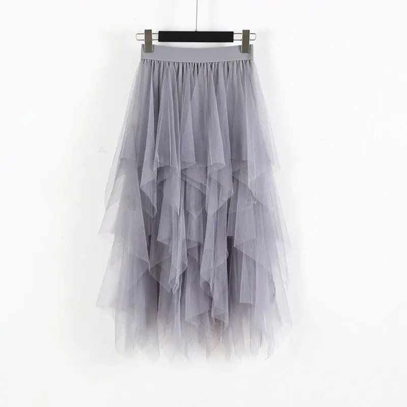 Модная эластичная высокая талия Длинная женская юбка из тюля с асимметричным подолом сетчатая юбка-пачка вечерние юбки женская Весна - Цвет: Серый