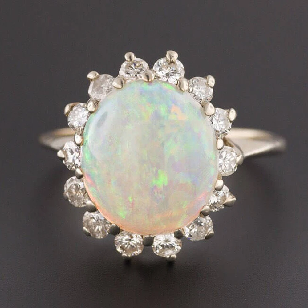 

100% Natural Oval Shape 6*8mm Austrialian Fire Opal Ring with Moissanite in 14k White Gold with Gift Box