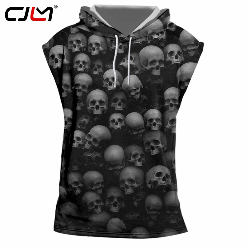 

CJLM Sleeveless Hoodies Black New Men's Full Print Skulls 3D Hooded Tank Top Tanktop Homme Bodybuilding Fitness Casual Shirts