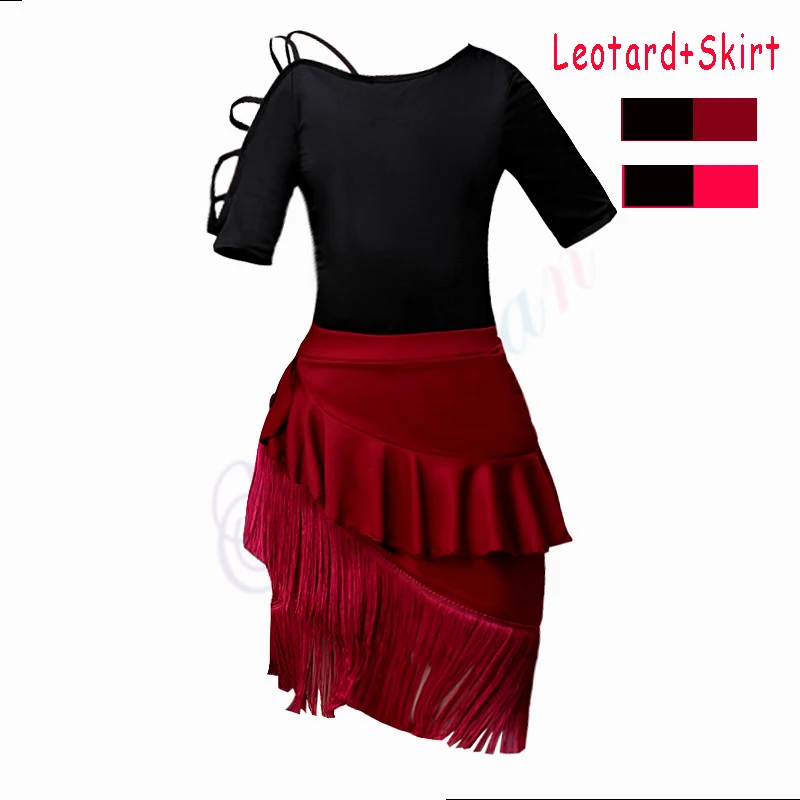 

2 PCS Gymnastic Leotard + Latin Dance Skirt Girls Ballroom Tango Samba Chacha Salsa Dancing Dress Kids Tango Skirt With Fringe