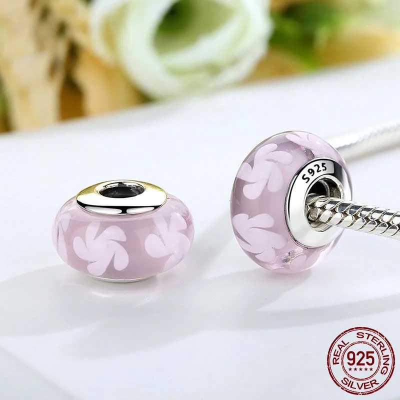 

2pcs/lot 925 Sterling Silver white flower pink Glass Bead Fit Original Pandora Bracelets & necklace,20 colors can be mixed order