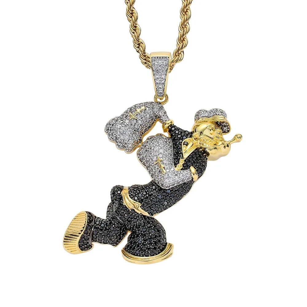 Хип хоп микро проложили Черный Белый AAA CZ камень Bling Iced Out мультфильм характер Popeye Подвески ожерелье для мужчин рэппер ювелирные изделия