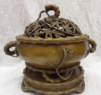 

USPS to USA S1569 14" Tibet Bronze Buddhist Collect Bamboo Pole Leaf Statue Incense Burner Censer