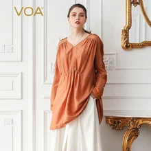 VOA шелковая футболка, льняная женская футболка, пуловер с v-образным вырезом, больше размера d размера плюс 5XL, свободная оранжевая Летняя Повседневная Базовая футболка с длинным рукавом B521