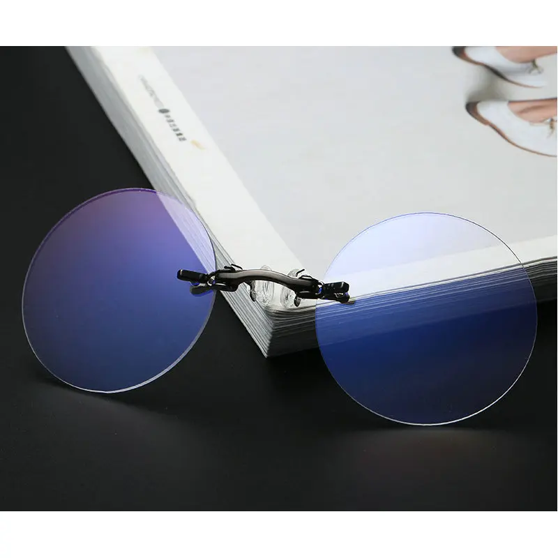 

MINCL/Fashion clip nose sunglasses Men's retro mini round blue sunscreen sunglasses frameless sunglasses UV400 LXL
