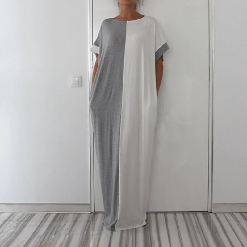 Большой размер, летнее платье макси, мусульманское женское свободное повседневное платье, черно-белое женское весеннее платье, женское длинное платье W1022 - Цвет: Серый