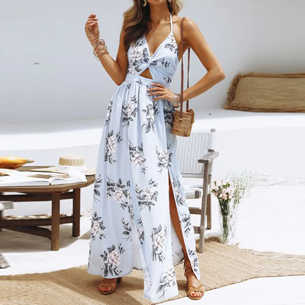 

Womens Summer Boho Maxi Long Dress Evening Party Beach Dresses Sundress Floral Halter Dress Summer 2019 #wqy