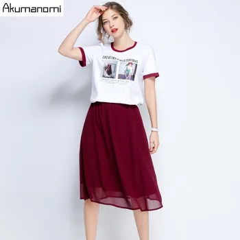 

2 Piece Set Women 2019 Summer Plus Size O-Neck Short Sleeve Appliques Tshirt Solid Red Skirt Suits Twe Piece Set Free Shipping