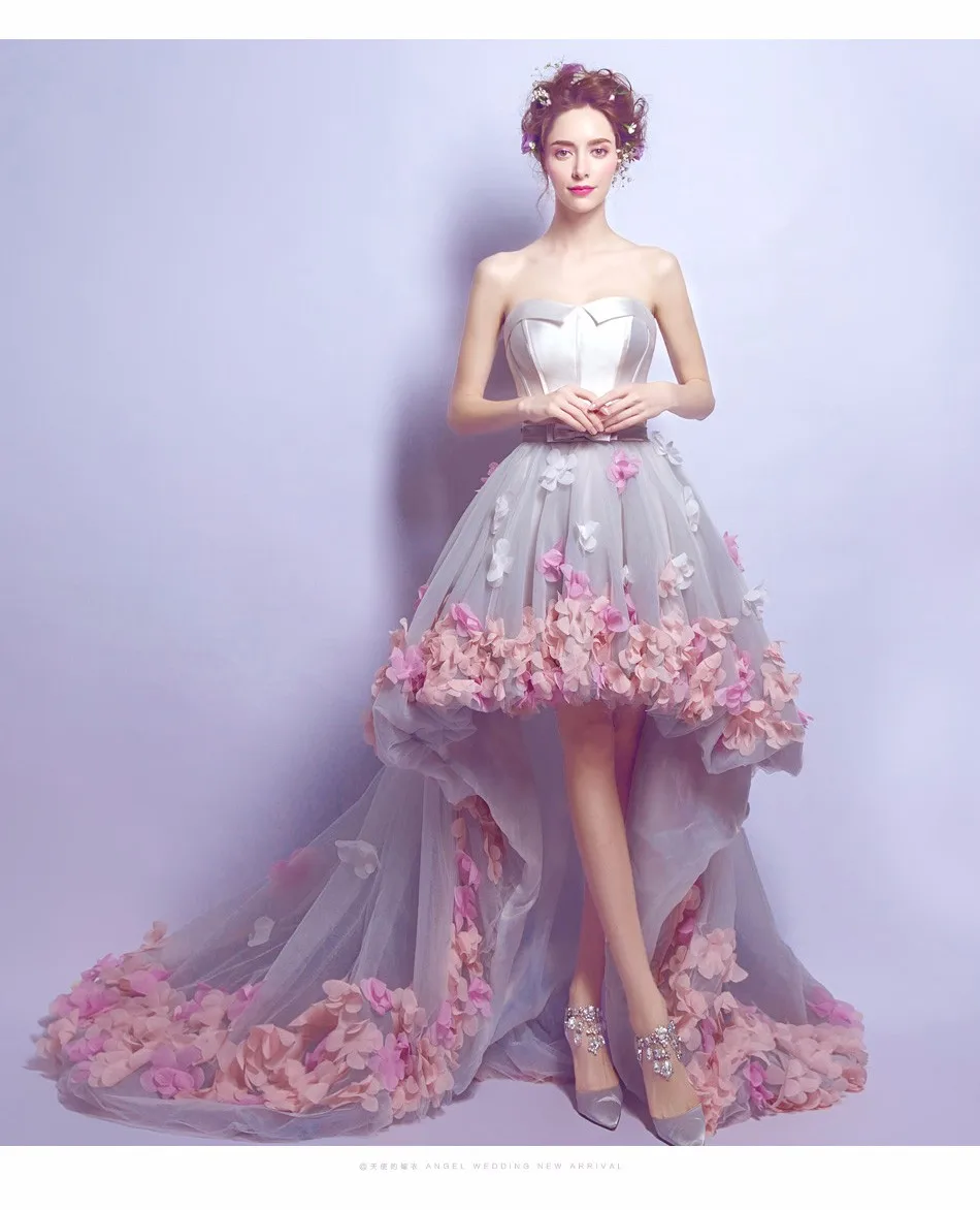 2020 Flowers Prom Dresses Short Front Long Back Evening Gown Gray Organza Fashion Party Formal Gown for Graduation