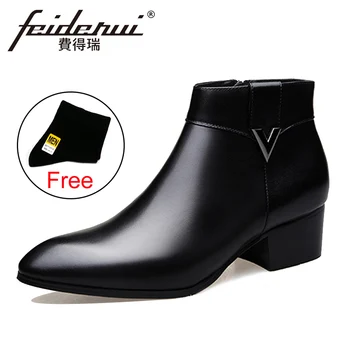 2018 Fashion Genuine Leather Men's Ankle Boots Pointed Toe High-Top High Heels Footwear Handmade Man Cowboy  Shoes HQS237
