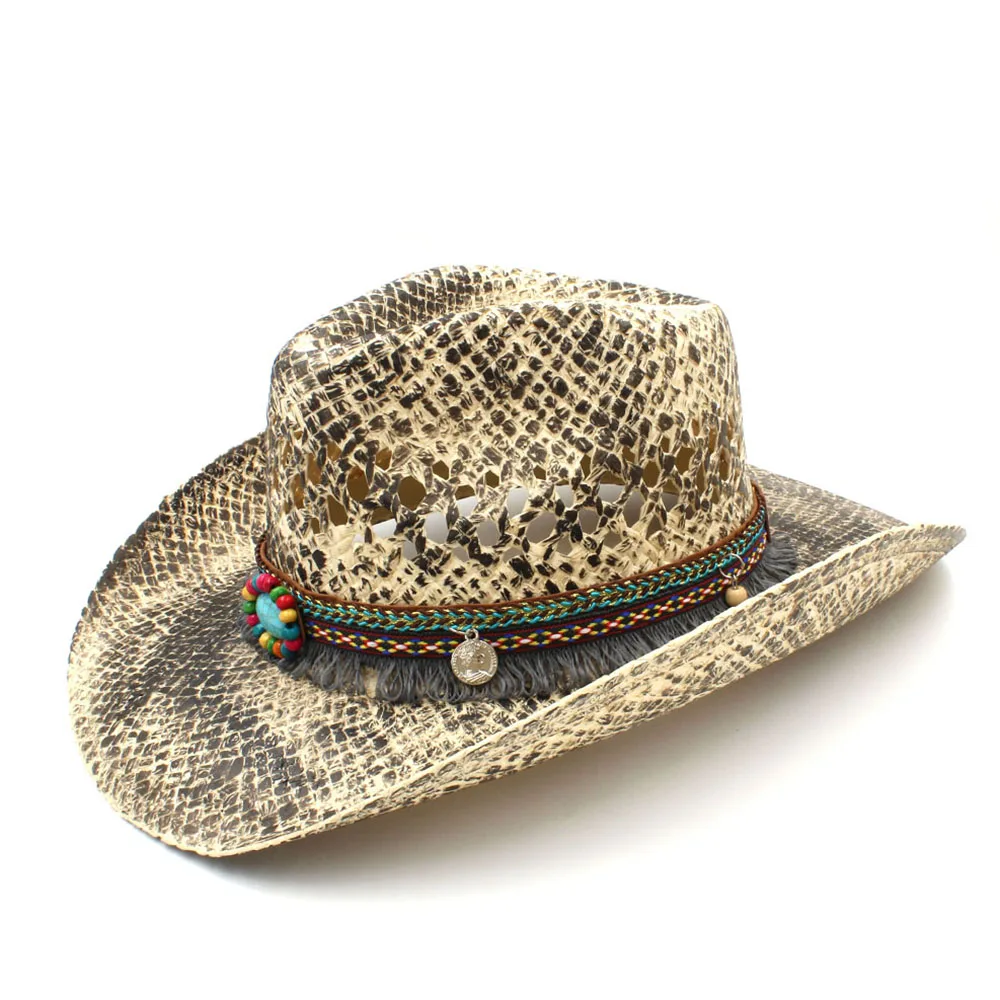 9 Women Men Straw Western Cowboy Hat Handmade Weave Lady Dad Sombrero Hombre Cowgirl Jazz Caps Bohemian Tassel Band Size 56-58CM