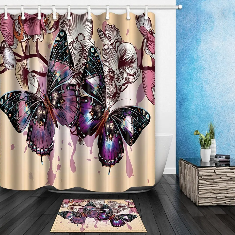 

Purple butterflies and flowers in beige Waterproof Polyester Fabric Shower Curtain Set Non-Slip Floor Mat Bath Rug