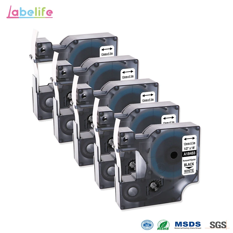 5 Pack 18483 Rhino 12mm S0718210 IND Permanent Polyester Labels Black
