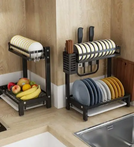 Black kitchen racks dish rack stainless steel drain dish rack to dry dishes chopsticks dishes tray knife holder storage box