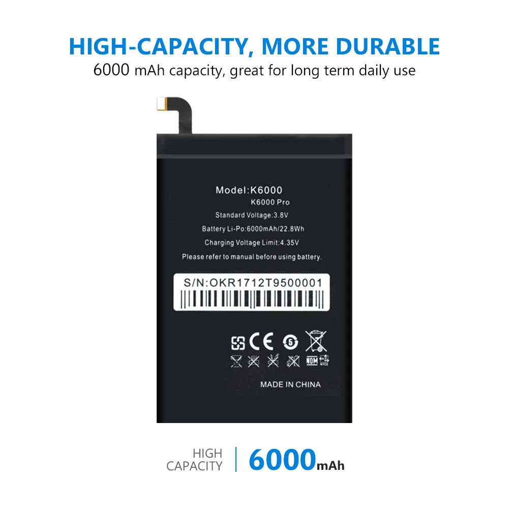Аккумулятор для телефона 6000 мАч Oukitel K6000/ K6000 Pro / Ulefone Power DOOGEE T6 Homtom HT6 мобильный