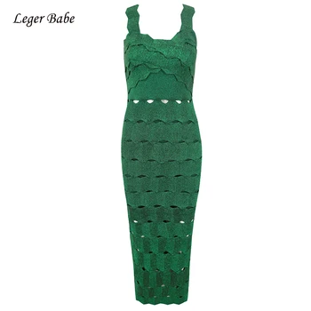 

Women Bandage Dress Summer Hollow Out Strap Dresses Elelgant Green Bodycon Midi Celebrity Party Club Female Vestidos