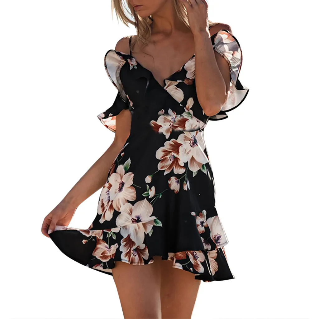 

Dress Women Summer Ruffles Casual A Line Floral Printing Strap Sleeveless Backless V Neck Mini Vestido Cool Beach Elegant OY41*