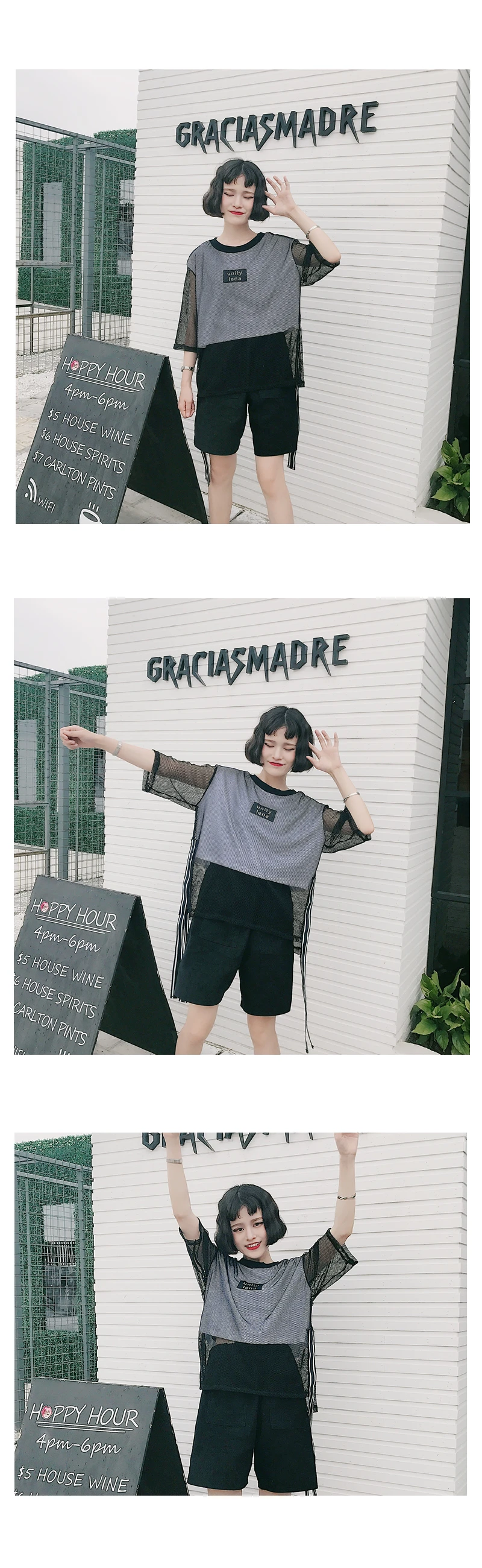 Харадзюку Новая летняя ulzzang корейская мода Женская одежда с принтом в виде надписи укороченный Топ короткий пэчворк Сетка Сплит Свободные топы футболки