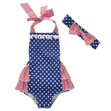 Newborn Infant Baby Boy Girl Kids Cotton Backless US Flag Star Romper Jumpsuit+Bownot Headband Clothes Outfit