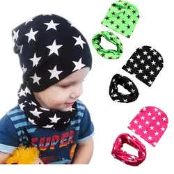 Осень-зима теплая шапка для младенца с шарфом из хлопка для малышей Детские шапки шарфы воротник с принтом со звездой для мальчиков и