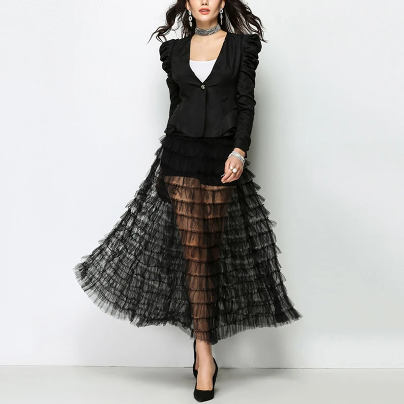 

TWPTWINSTYLE Tulle Long Skirts Women Elastic High Waist Midi Skirt Female Ruffles Mesh Sexy Skirts Large Big Sizes 2019 Spring