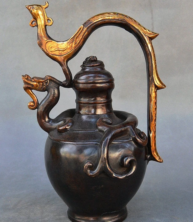 

China Dynasty Bronze Gilt Wealth Dragon Phoenix Beast Handle Wine Tea Pot Flagon