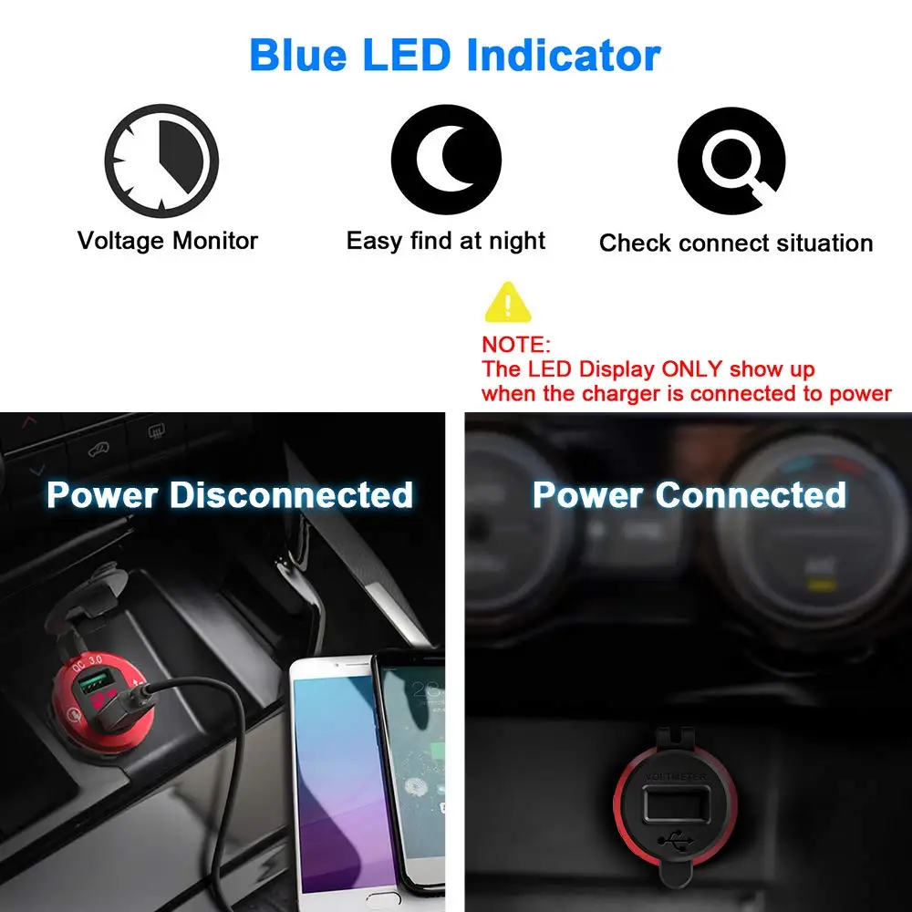 Двойной QC3.0 USB Автомобильное зарядное устройство с светодиодный вольтметр Для 12 В/24 В автомобиля, лодки, морской, RV, мотоцикла мобильного телефона для iPhone Xiaomi