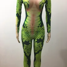 Сексуальный комбинезон зеленого цвета со змеиным принтом, обтягивающий костюм, женский певец, Nigjtclub, вечерние, праздничные, уникальные, стрейч-комбинезоны
