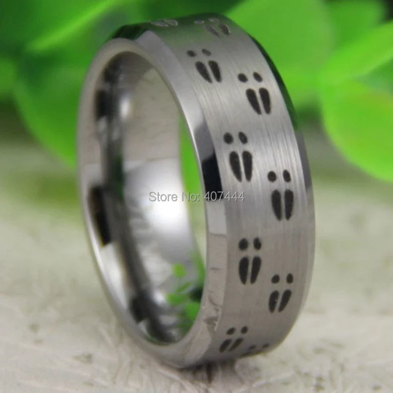 

Free Shipping USA UK Canada Russia Brazil Hot Sales 8MM Satin Silver Bevel Hunting Deer Tracks Comfort Fit Fashion Tungsten Ring