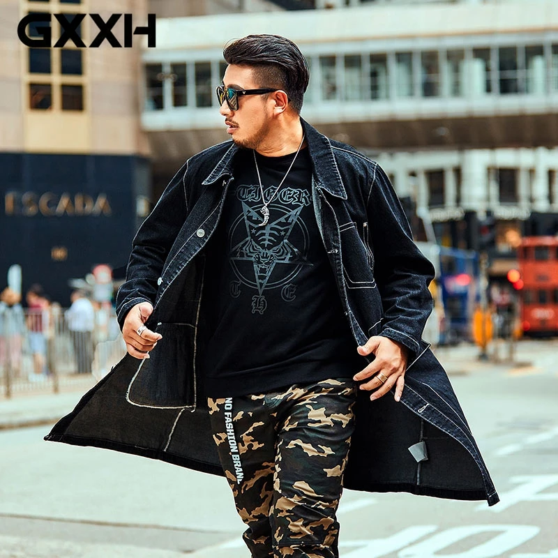 

GXXH New Autumn Spring Mens Denim Trench Long Coats Clothing Man's Loose Show Slim Overcoat Male Windbreaker Outwear Jackets 4XL