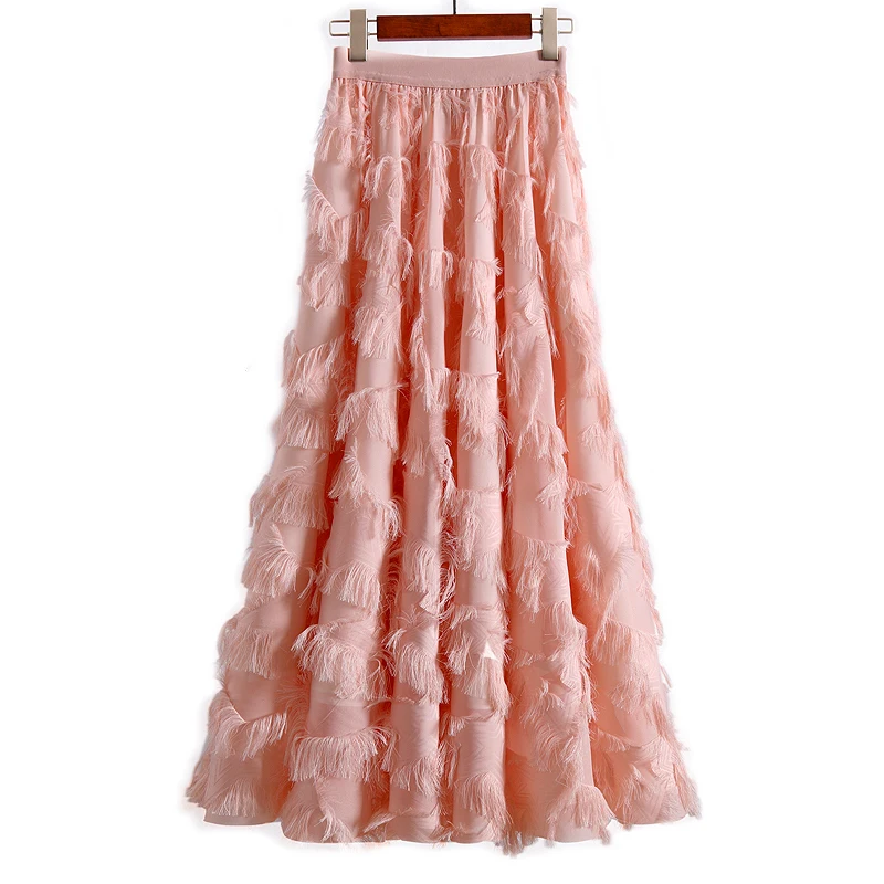 Autumn Winter Feather Tassel Skirts Ankle Length Chiffon Long Skirts For Women Elastic High Waist TuTu Skirt Saias