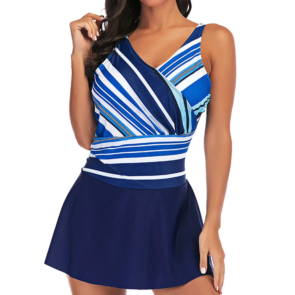 

Women Tankini Sets Bikini Set Swimwear Push-Up Women Large Gradient Stripe High Waist Printed Conservative Skirt Two Suits A3058