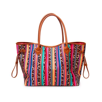 

10pcs Serape Cheetah Tote With Cord Trims, Canvas Leopard Stripes Design Women Tote with Pu Handle DOM1068