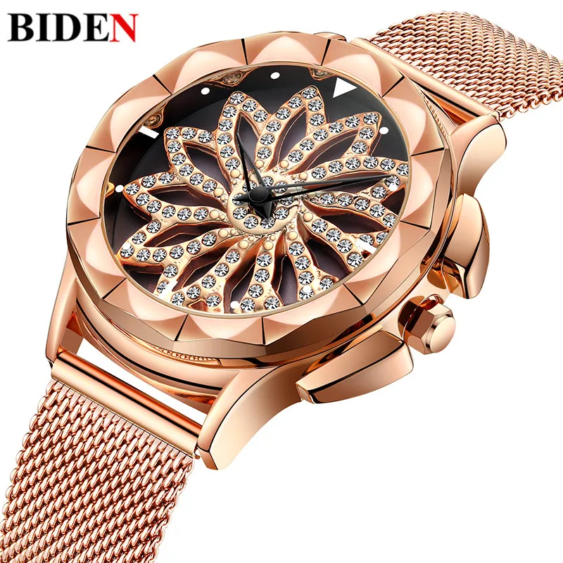 

Luxury Crystal Women Watch Full Rhinestone Rotating Flower Dial Design Rose Gold Steel Mesh Band Waterproof Dresses Ladies Watch
