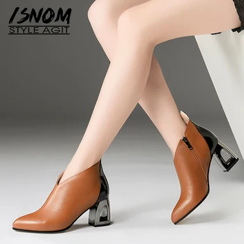 

ISNOM Genuine Leather Ankle Women Boots Pointed Toe Zip Footwear Unusual High Heel Party Female Boot New Shoes Woman 2018 Winter