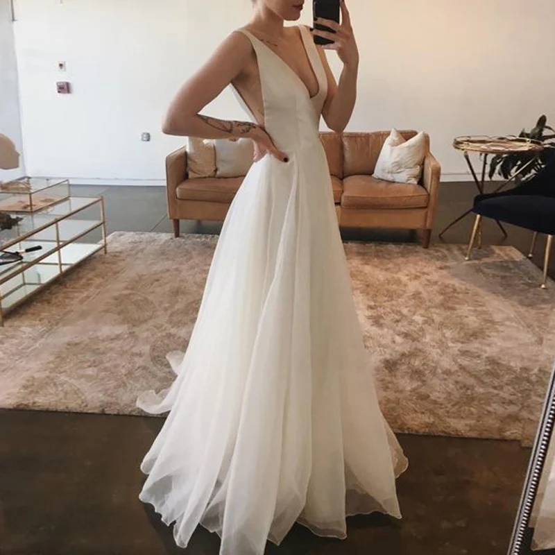 

Party Women Dresses Wedding Bridesmaid Big Pendulum Sexy Deep V-neck Sling White A Line Elegant Dress Long