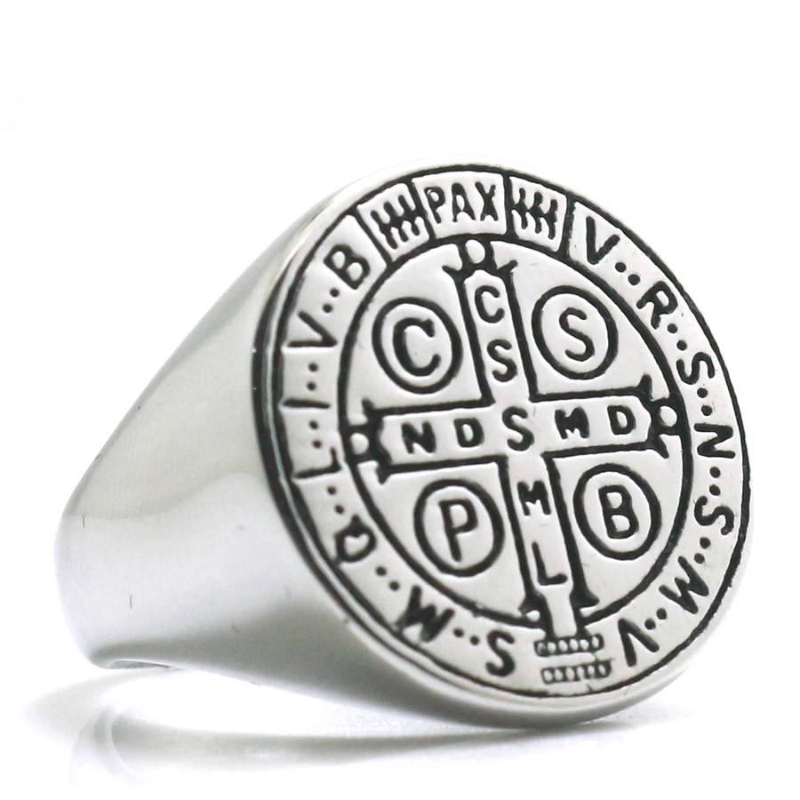 

Unisex CSPB CSSML NDSMD Saint Benedict of Nursia Christianity Jesus Cross Simple 316L Stainless Steel Classic Silver Ring
