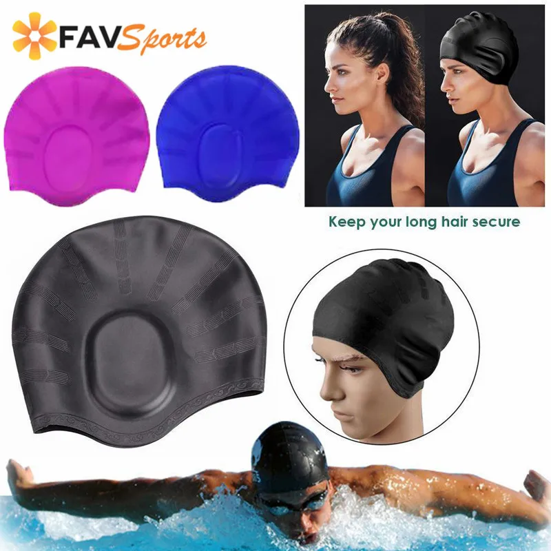 Elastic Men Women Ear Protect Swimming Cap Silicone Long Hair Cover ...