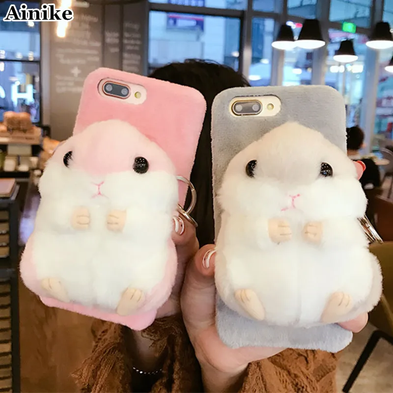 

Ainike 3D Cute Cartoon Toy Hamster Soft Furry Doll Back Case For BBK Vivo X6 X7 X9s X20Plus Xplay6 V5 Y69 Y53 V3 Fur Phone Cover